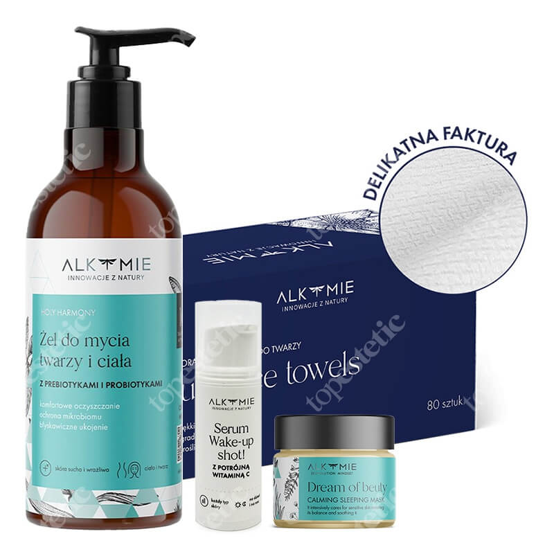 Alkmie Face Care ZESTAW Żel do mycia 250 ml + Jednorazowe ręczniki do twarzy 80 szt + Serum 5 ml + Nocna maska-krem 15 ml