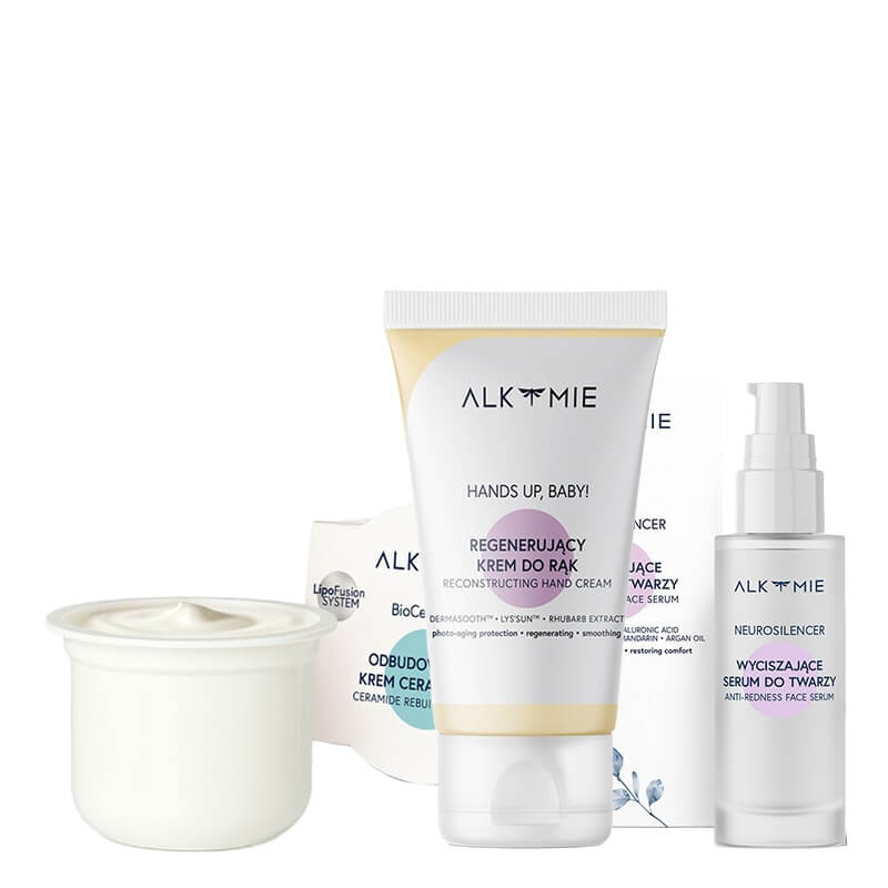 Alkmie Favorite Set ZESTAW Booster wyciszający 30 ml + Krem ceramidowy (wkład) 50 ml + Krem do dłoni 50 ml