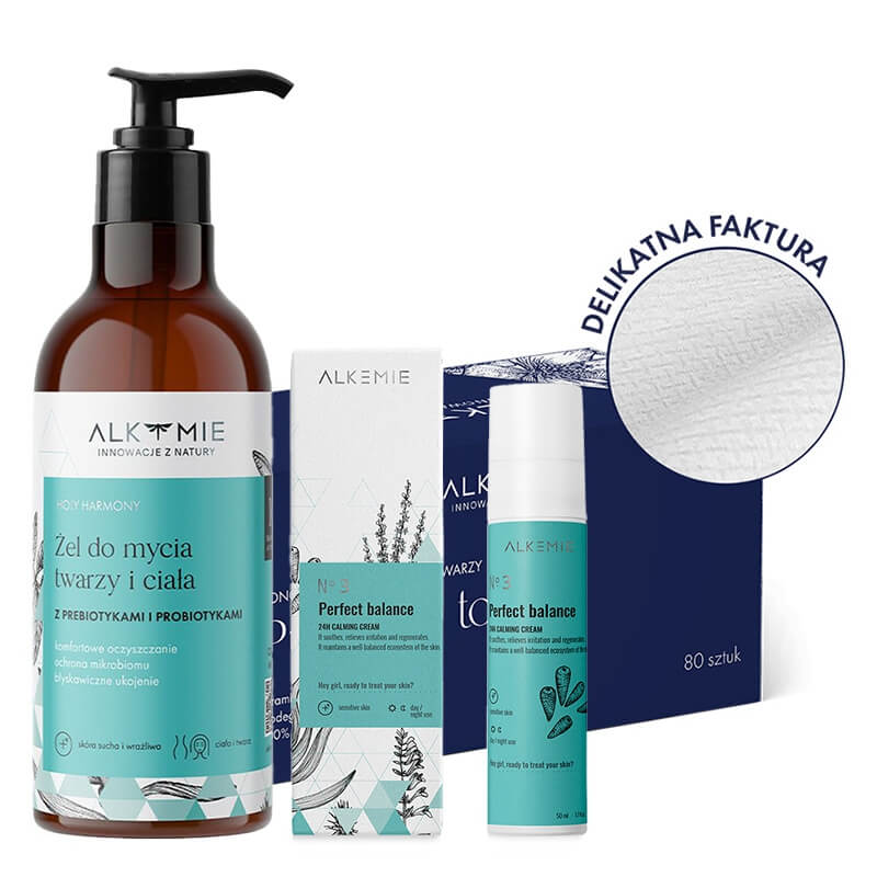 Alkmie Harmony Skin ZESTAW Jednorazowe ręczniki do twarzy 80 szt + Żel do mycia 50 ml + 24 godzinny krem równoważacy 50 ml