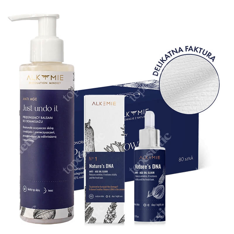 Alkmie Harmony Skin ZESTAW Odmładzający eliksir olejowy 30 ml + Balsam do demakijażu 150 ml + Jednorazowe ręczniki do twarzy 80 szt