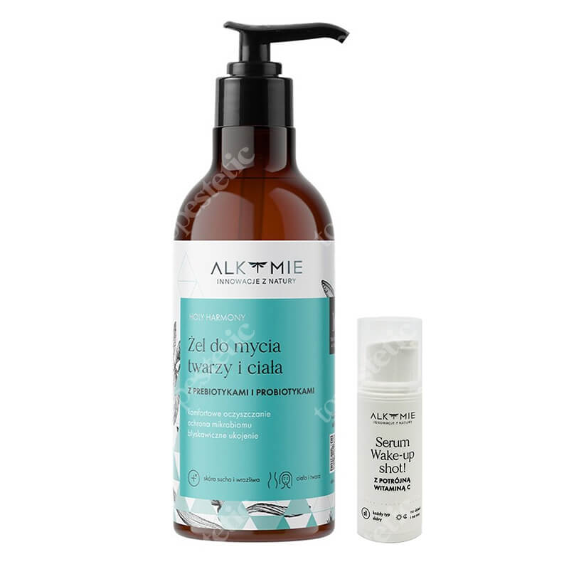 Alkmie Holy Harmony + Wake Up Shot Travel Size ZESTAW Probiotyczny żel do mycia twarzy i ciała 250 ml + Serum z potrójną witaminą C 5 ml