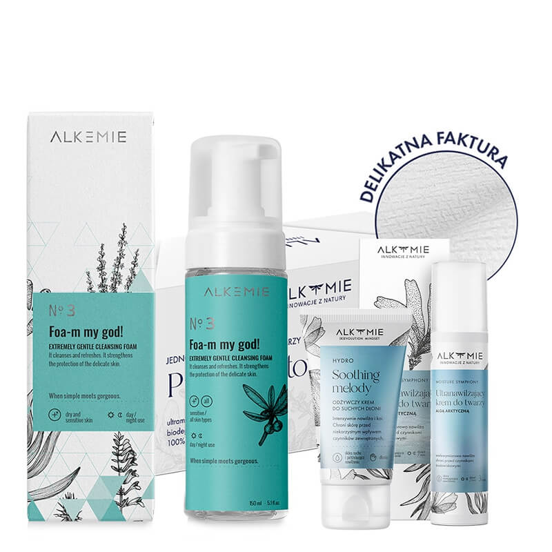 Alkmie Hydro Extreme Set ZESTAW Pianka do demakijażu 150 ml + Nawilżający krem do twarzy 50 ml + Odżywczy krem do rąk 50 ml + Ręczniki do twarzy 80 szt