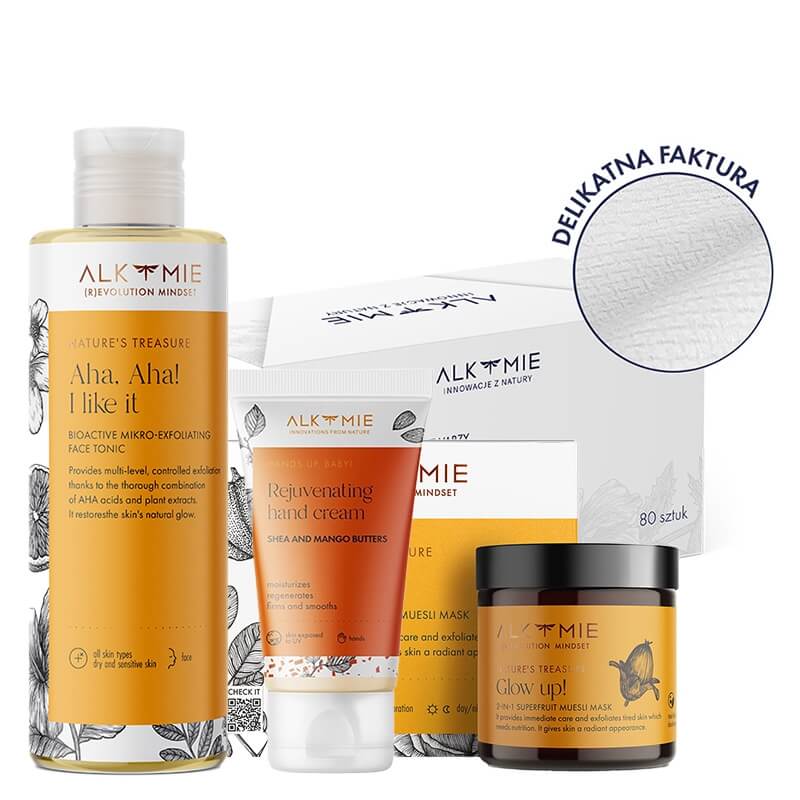 Alkmie I Like Glow Up Set ZESTAW Tonik 150 ml + 2 w 1 Peeling-maska 60 ml + Ręczniki do twarzy 80 szt + Krem do rąk 50 ml