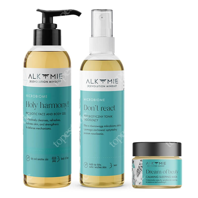 Alkmie Microbiome Set ZESTAW Probiotyczny żel do mycia twarzy i ciała 150 ml + Wyciszająca nocna maska-krem 15 ml + Postbiotyczny tonik łagodzący 150 ml
