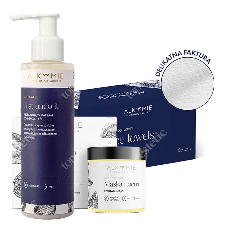 Alkmie Night Ritual ZESTAW Jednorazowe ręczniki do twarzy 80 szt + Balsam do demakijażu 150 ml + Maska nocna z witaminą C 60 ml