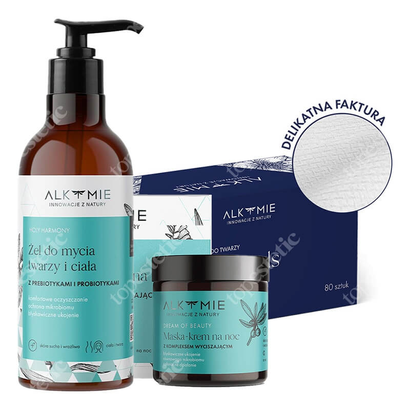 Alkmie Night Ritual ZESTAW Jednorazowe ręczniki do twarzy 80 szt + Probiotyczny żel do mycia twarzy i ciała 250 ml + Wyciszająca nocna maska-krem 60 ml