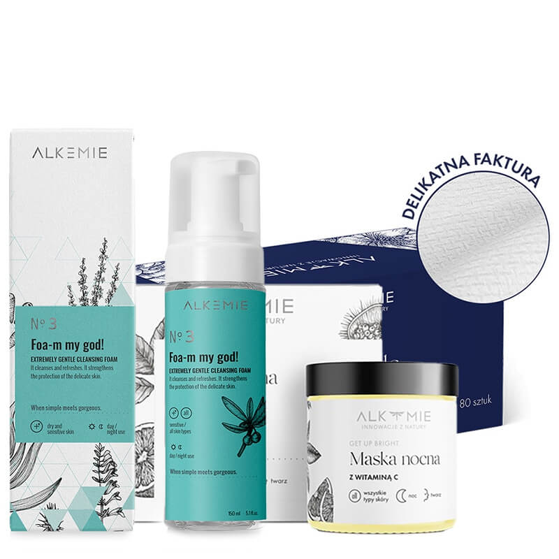 Alkmie Night Ritual ZESTAW Pianka do demakijażu twarzy 150 ml + Jednorazowe ręczniki do twarzy 80 szt + Maska nocna z witaminą C 60 ml