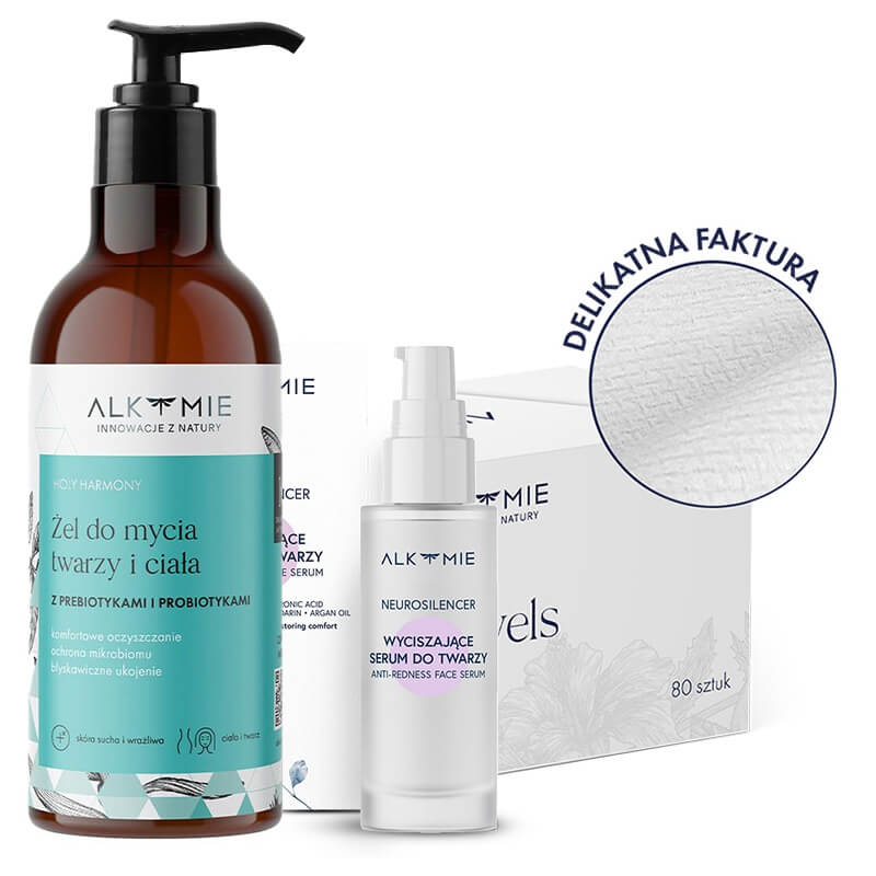 Alkmie Perfect Set ZESTAW Jednorazowe ręczniki do twarzy 80 szt + Probiotyczny żel do mycia twarzy i ciała 250 ml + Skoncentrowany booster wyciszający 30 ml