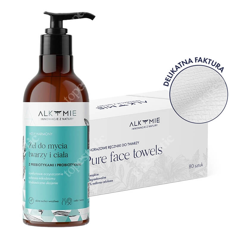 Alkmie Pure Clean Face ZESTAW Jednorazowe ręczniki do twarzy 80 szt + Probiotyczny żel do mycia twarzy i ciała 250 ml