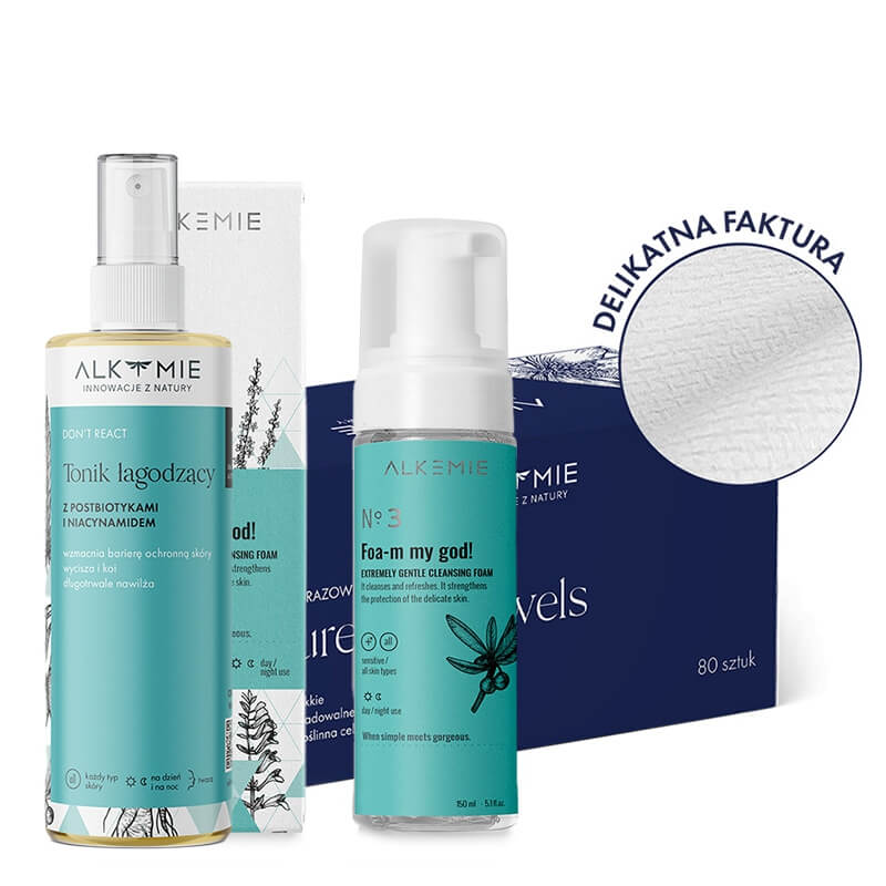 Alkmie Pure Face Set ZESTAW Jednorazowe ręczniki do twarzy 80 szt + Pianka do demakijażu twarzy 150 ml + Tonik łagodzący 150 ml
