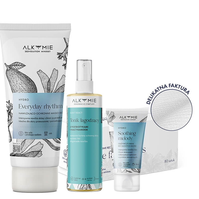Alkmie Pure Face Towels White Box + Don\'t React + Everyday Rhythm + Soothing Melody ZESTAW Ręczniki do twarzy 80 szt + Tonik 150 ml + Masło do ciała 200 ml + Krem do dłoni 50 ml
