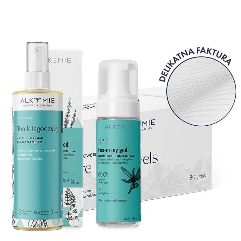 Alkmie Pure Face ZESTAW Jednorazowe ręczniki do twarzy 80 szt + Pianka do demakijażu 150 ml + Tonik 150 ml