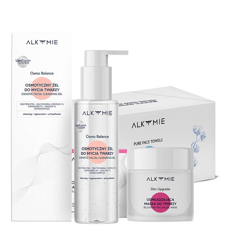 Alkmie Skin Upgrade ZESTAW Żel do mycia twarzy 100 ml + Odmładzająca maska do twarzy 50 ml + Jednorazowe ręczniki do twarzy 80 szt