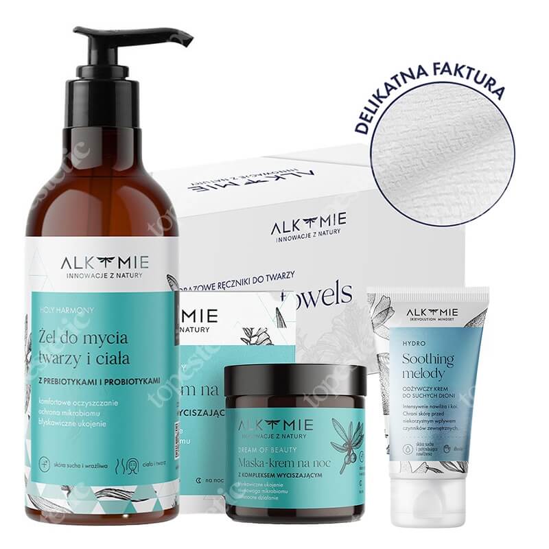 Alkmie Smart Care Set ZESTAW Jednorazowe ręczniki do twarzy 80 szt + Żel do mycia 250 ml + Krem do dłoni 50 ml + Maska nocna 60 ml