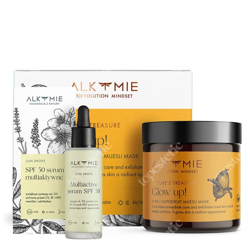 Alkmie Sommer Vibe Set ZESTAW 2 w 1 Peeling-maska z superowocami 60 ml + Krople do twarzy 2 w 1 ochrona przeciwsłoneczna i multiaktywne serum 30 ml