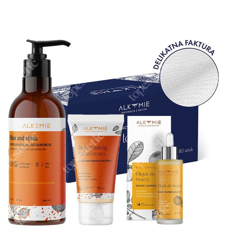 Alkmie Super Power Skin ZESTAW Jednorazowe ręczniki do twarzy 80 szt + Żel do mycia 250 ml + Krem do dłoni 50 ml + Multiwitaminowy olejek 30 ml