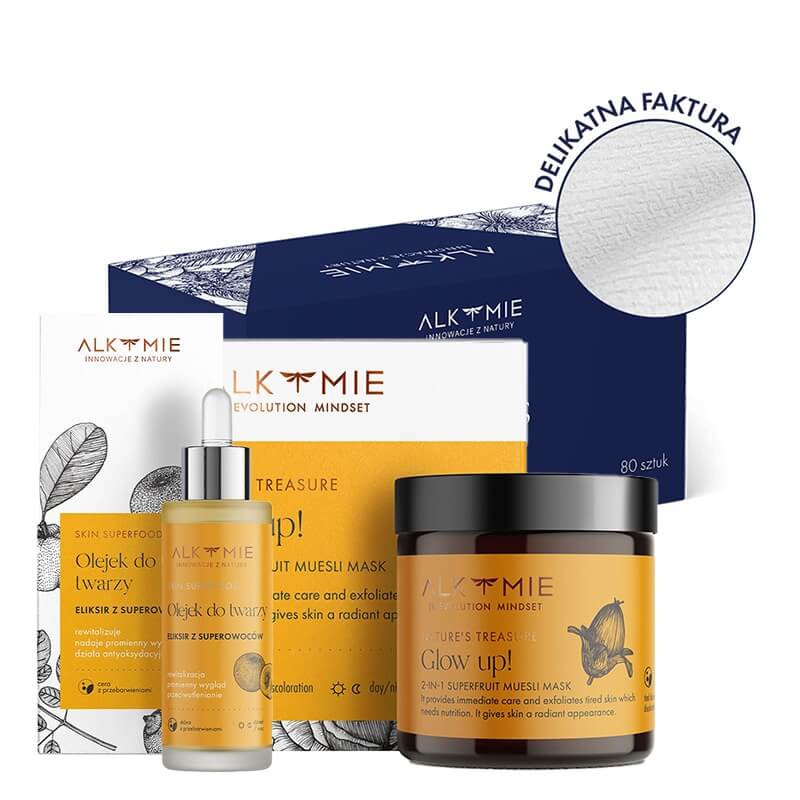 Alkmie Vitamin Skin ZESTAW 2 w 1 Peeling-maska 60 ml + Multiwitaminowy olejek 30 ml + Jednorazowe ręczniki do twarzy 80 szt