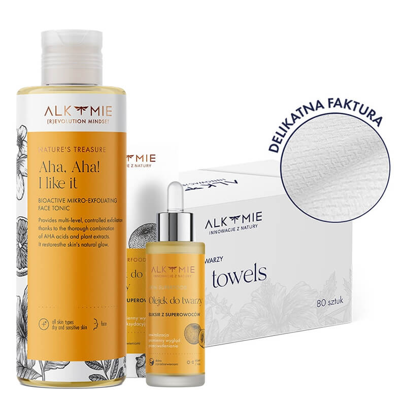 Alkmie Vitamin Skin ZESTAW Jednorazowe ręczniki do twarzy 80 szt + Tonik 150 ml + Multiwitaminowy olejek 30 ml