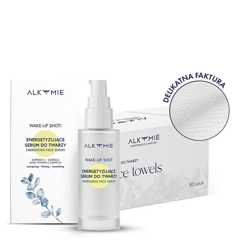 Alkmie Wake-Up Skin ZESTAW Serum do twarzy z potrójną witaminą C 30 ml + Jednorazowe ręczniki do twarzy 80 szt