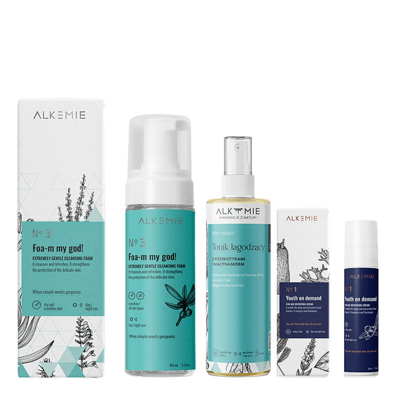 Alkmie Youth Skin ZESTAW Pianka do demakijażu 150 ml + Tonik 150 ml + Krem odmładzająco-liftingujący 50 ml