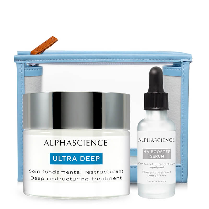 Alphascience Ha Booster Serum + Ultra Deep ZESTAW Koncentrat wypełniająco - nawilżający 30 ml + Krem głęboko regenerujący 50 ml + Kosmetyczka 1 szt