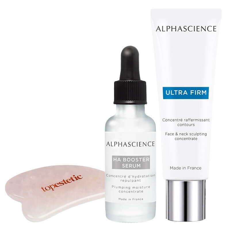 Alphascience Ha Booster Serum + Ultra Firm + Gua Sha Topestetic ZESTAW Koncentrat wypełniająco - nawilżający 30 ml + Koncentrat modelujący twarz i szyję 50 ml + Gua sha kwarc różowy 1 szt