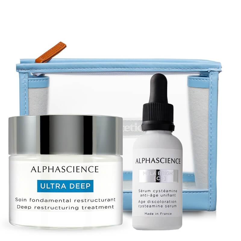 Alphascience Mela Bright [C+] Serum + Ultra Deep ZESTAW Serum antyoksydacyjne przeciw przebarwieniom 30 ml + Krem głęboko regenerujący 50 ml + Kosmetyczka 1 szt
