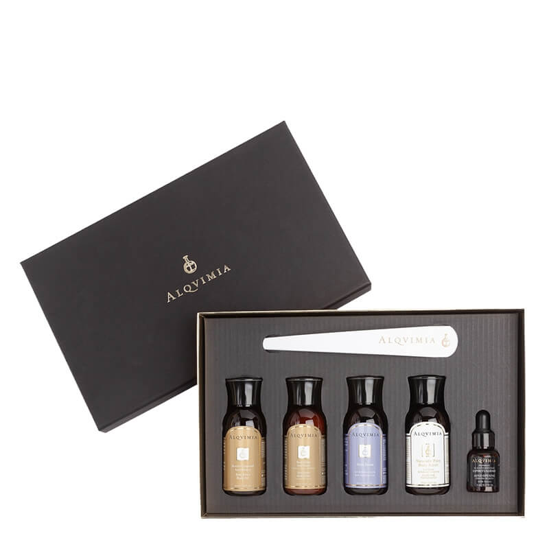 Alqvimia Bestsellers Set ZESTAW Żel do kąpieli 30 ml + Olej do ciała 30 ml + Olej do biustu 30 ml + Eliksir do ciała 30 ml