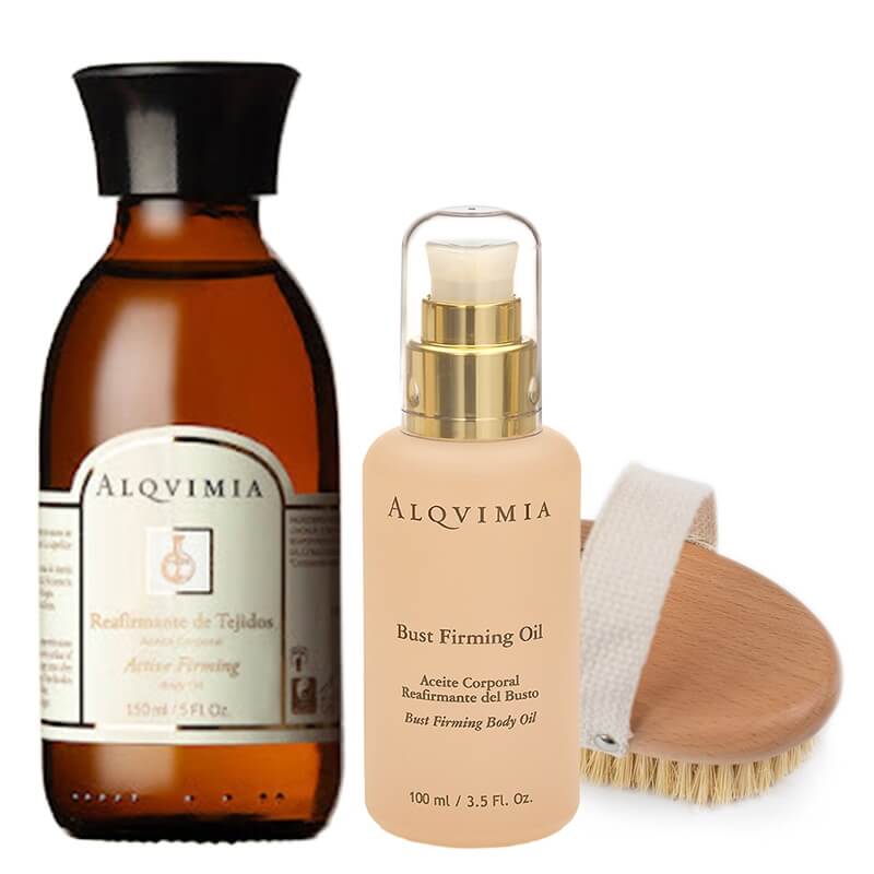 Alqvimia Body Oil Care ZESTAW Olej do ciała, napinający, ujędrniający 150 ml + Szczotka z dębu i włókna agawy 1 szt + Olej do biustu, ujędrniający 100 ml