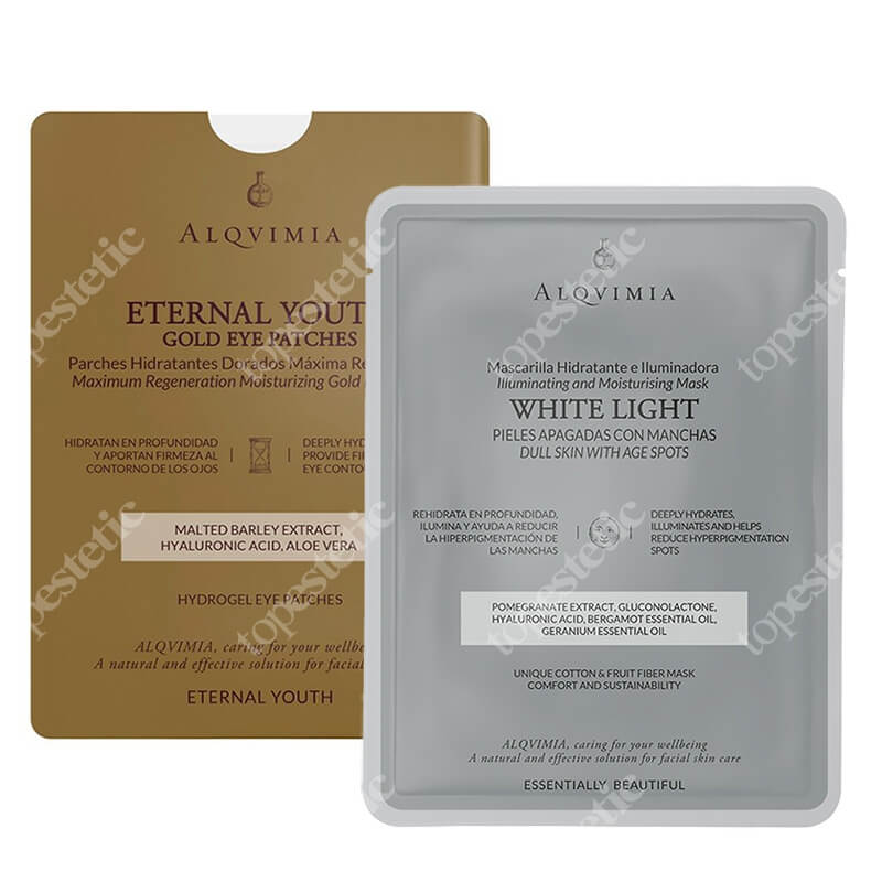 Alqvimia EB White Light Face Mask + Eternal Youth Gold Eye Patches ZESTAW Maska z włókien bawełnianych i owocowych, rozświetlająca 1 szt. + Złote hydrożelowe płatki pod oczy 1 para