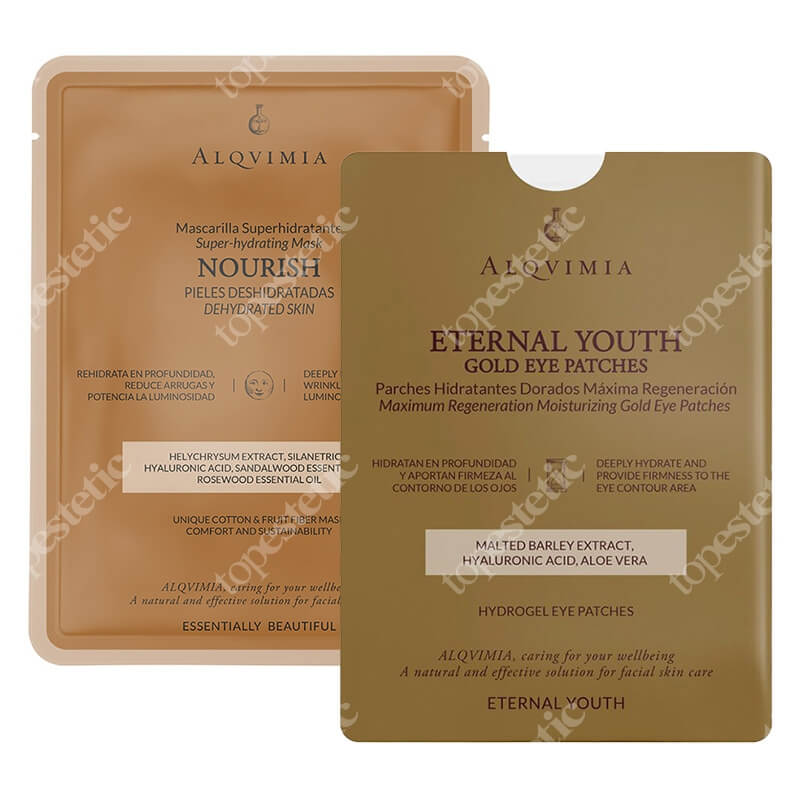 Alqvimia Eternal Youth Gold Eye Patches + EB Nourish Face Mask ZESTAW Złote hydrożelowe płatki pod oczy 1 para + Maska z włókien bawełnianych i owocowych, odżywcza 1 szt.