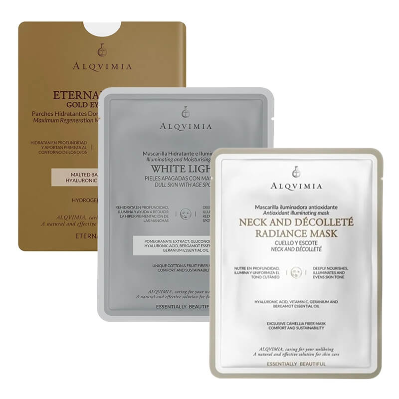 Alqvimia Masks and Patches Set ZESTAW Maska rozświetlająca na szyję i dekolt 1 szt + Maska rozświetlająca 1 szt. + Złote hydrożelowe płatki pod oczy 1 para