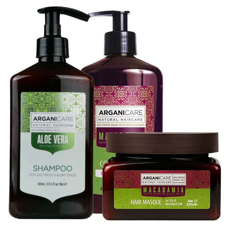 Arganicare Aloe Vera + Macadamia ZESTAW Szampon nawilżający 400 ml + Odżywka do suchych i zniszczonych włosów 400 ml + Maska nawilżająca 350 ml