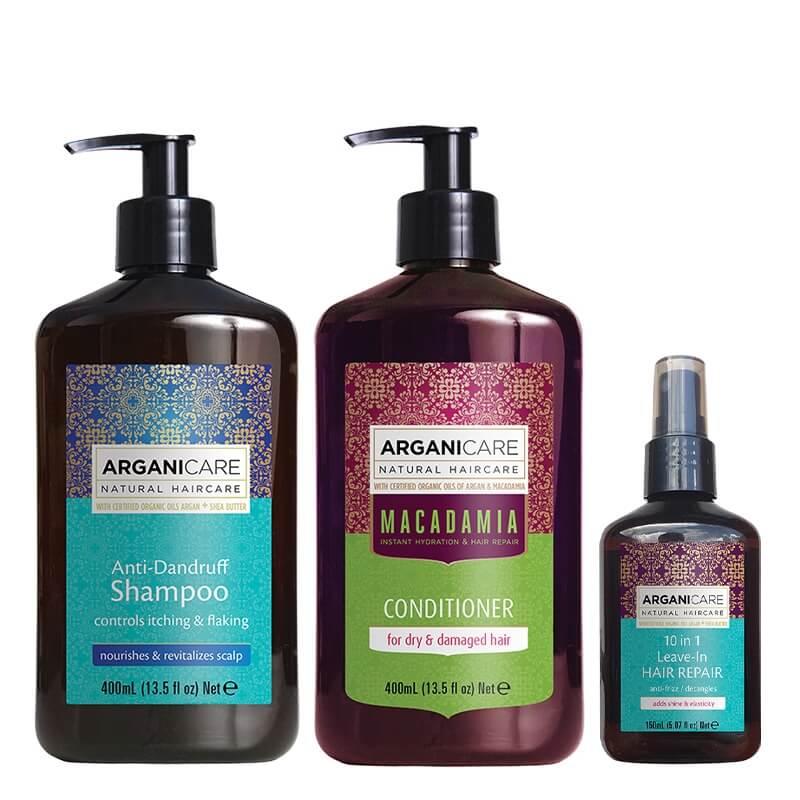 Arganicare Anti-Dandruff + 10 in 1 Leave In + Conditioner ZESTAW Szampon przeciwłupieżowy 400 ml + Odbudowa i rozplątanie 150 ml + Odżywka do suchych i zniszczonych włosów 400 ml