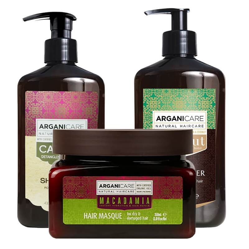 Arganicare Castor + Coconut + Macadamia ZESTAW Szampon stymulujący porost włosów 400 ml + Odżywka do suchych i zniszczonych włosów 400 ml + Maska nawilżająca 350 ml