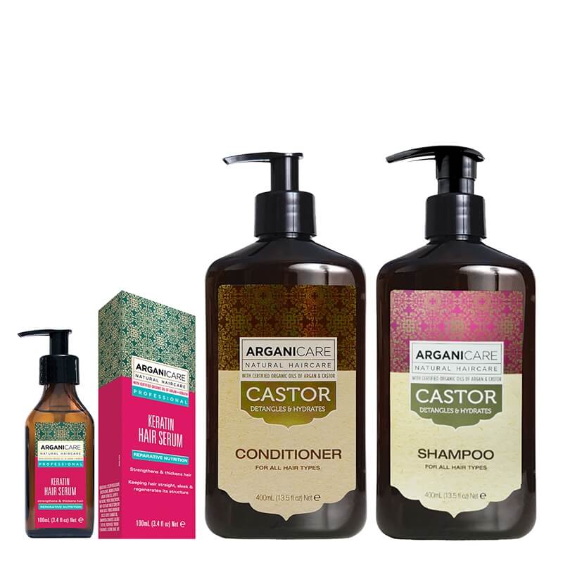 Arganicare Castor + Keratin Hair Care ZESTAW Szampon stymulujący porost włosów 400 ml + Serum naprawcze do włosów z keratyną 100 ml + Odżywka stymulująca porost włosów 400 ml