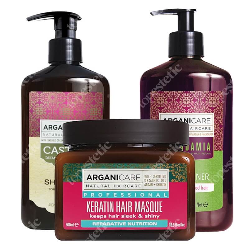 Arganicare Castor + Macadamia + Keratin Hair Care ZESTAW Szampon stymulujący porost włosów 400 ml + Odżywka do suchych i zniszczonych włosów 400 ml + Maska do włosów z keratyną 500 ml