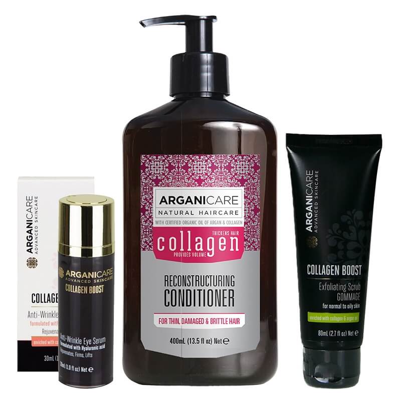 Arganicare Collagen Boost ZESTAW Peeling 80 ml + Serum pod oczy 30 ml + Odżywka odbudowująca do cienkich włosów 400 ml