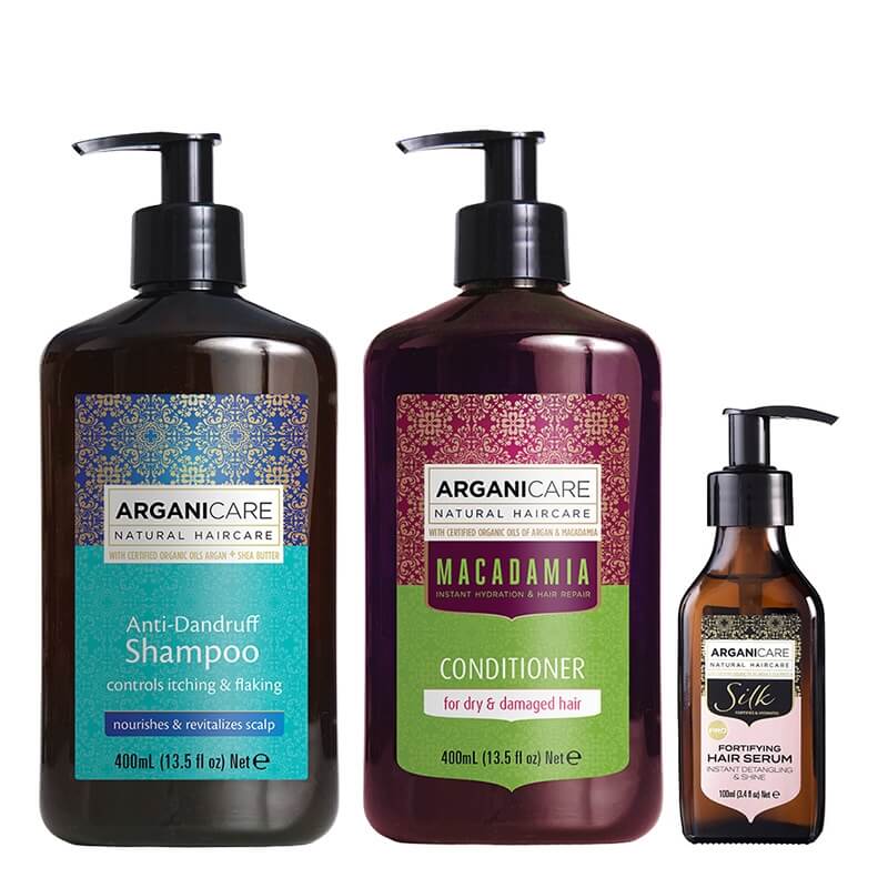 Arganicare Hair Care ZESTAW Szampon przeciwłupieżowy 400 ml + Odżywka do suchych i zniszczonych włosów 400 ml + Serum rozplątujące i wzmacniające włosy 100 ml