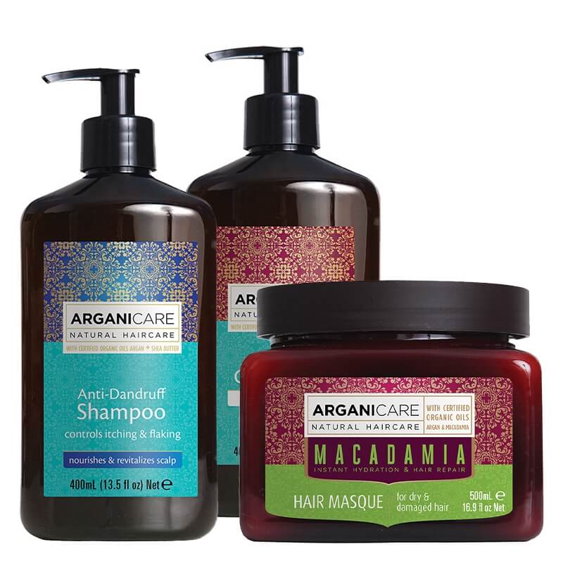 Arganicare Hair Care ZESTAW Szampon przeciwłupieżowy 400 ml + Odżywka do włosów suchych 400 ml + Maska nawilżająca 500 ml