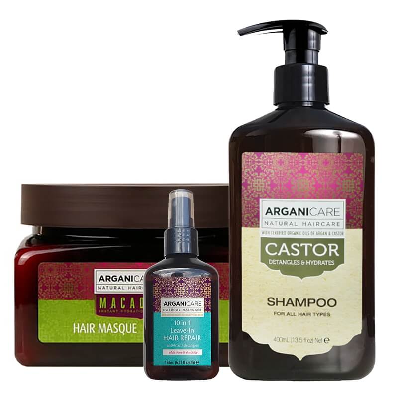 Arganicare Hair Care ZESTAW Szampon stymulujący porost włosów 400 ml + Odbudowa i rozplątanie 150 ml + Maska nawilżająca 350 ml
