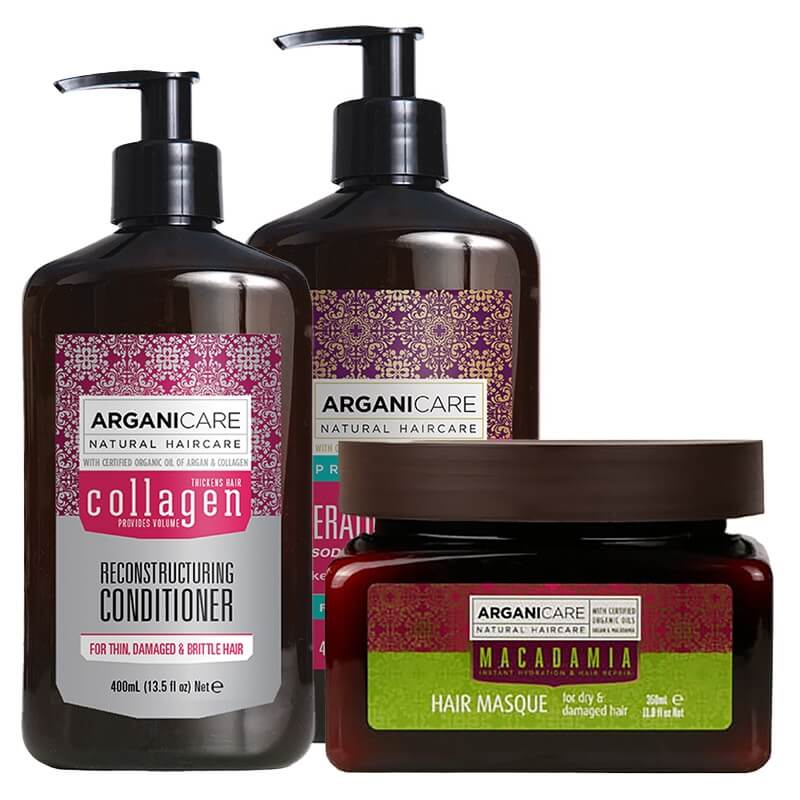 Arganicare Keratin + Collagen + Macadamia ZESTAW Szampon 400 ml + Odżywka 400 ml + Maska 350 ml
