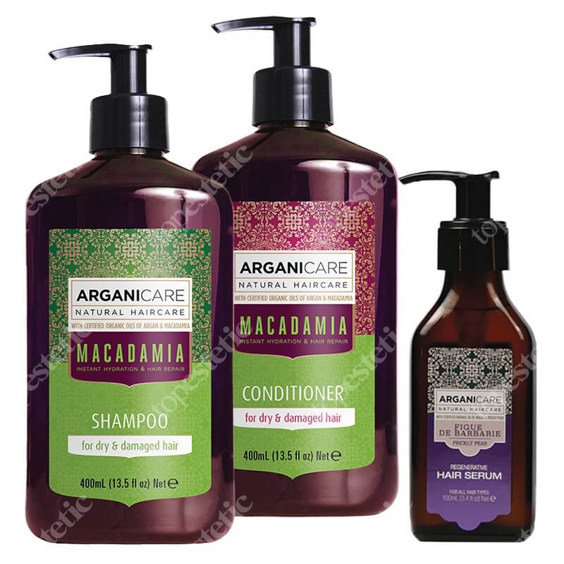 Arganicare Prickly Pear Macadamia Conditioner For Dry Hair ZESTAW Serum regenerujące 100 ml + Szampon do suchych i zniszczonych włosów 400 ml + Odżywka do suchych i zniszczonych włosów 400 ml