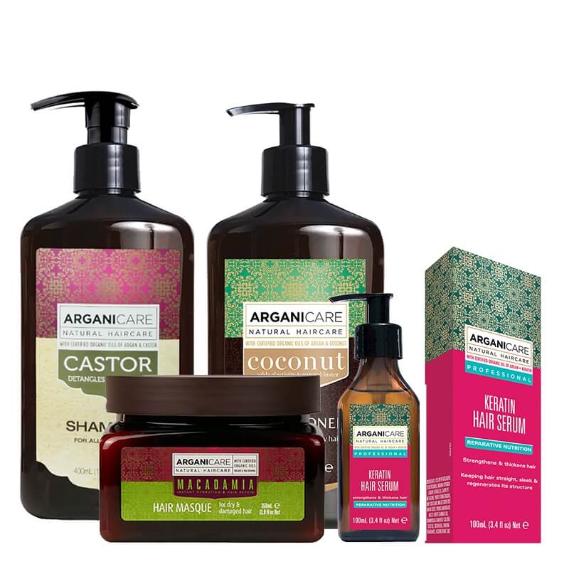 Arganicare Shine Hair Set ZESTAW Serum naprawcze 100 ml + Szampon 400 ml + Odżywka 400 ml + Maska 350 ml