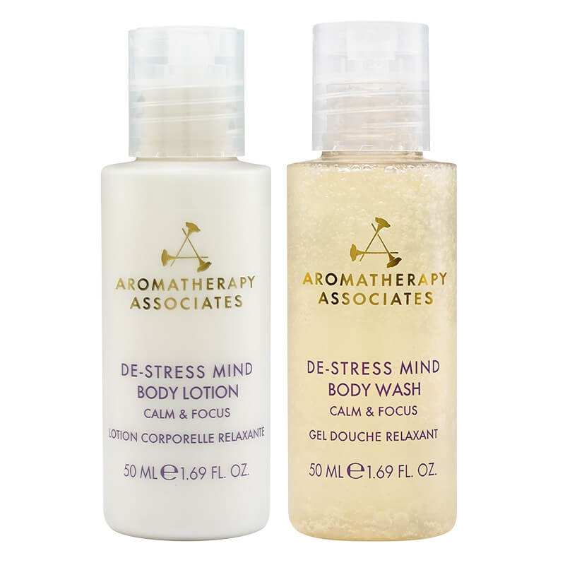 Aromatherapy Associates De-Stress Mind Travel Set ZESTAW Żel do mycia ciała 50 ml + Balsam do ciała 50 ml