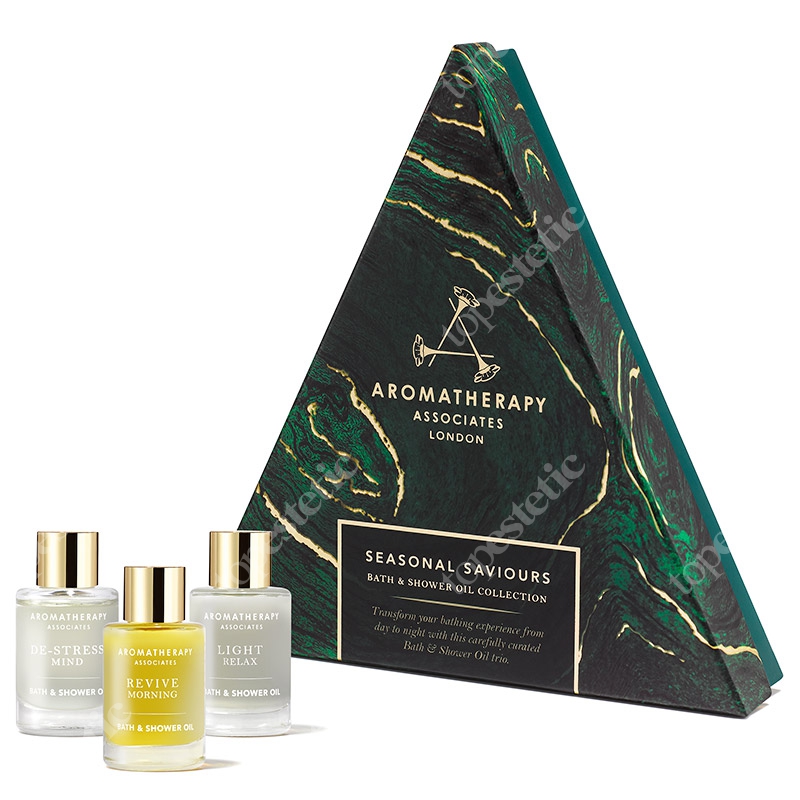 Aromatherapy Associates Seasonal Saviours 2019 ZESTAW Relaksujący olejek do kąpieli 9 ml + Odstresowujący olejek do kąpieli 9 ml + Poranny olejek do kąpieli 9 ml