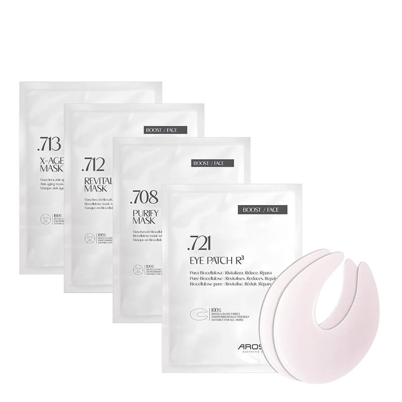 Arosha Face Masks Set ZESTAW Przeciwstarzeniowa 1 szt + Rozświetlająco-wygładzająca 1 szt + Złuszczająco-oczyszczająca 1 szt + płatki pod oczy 4x6 ml