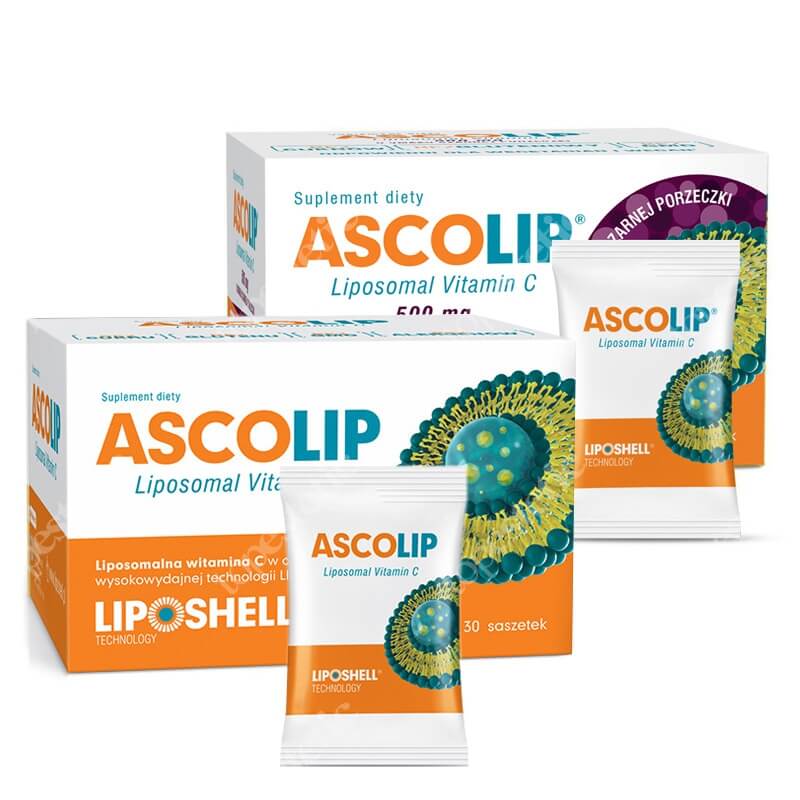 Ascolip Ascolip - Liposomal Vitamin C 1000 mg + Ascolip - Liposomal Vitamin C 500 mg ZESTAW Wysokowydajna liposomalna witamina C, 30x5 g + Liposomalna witamina C 500 mg o smaku czarnej porzeczki 30 x 5g