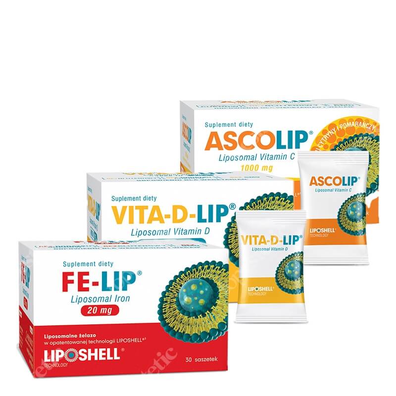 Ascolip Ascolip Set ZESTAW Witamina C 30 saszetek + Żelazo 20 mg 30 saszetek + Witamina D 30 saszetek