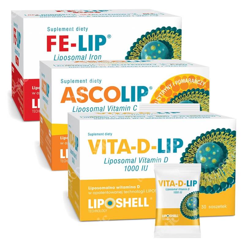 Ascolip Complete Set ZESTAW Witamina D 30 saszetek + Witamina C, 30x5 g + Żelazo 20 mg o smaku truskawki 30 saszetek